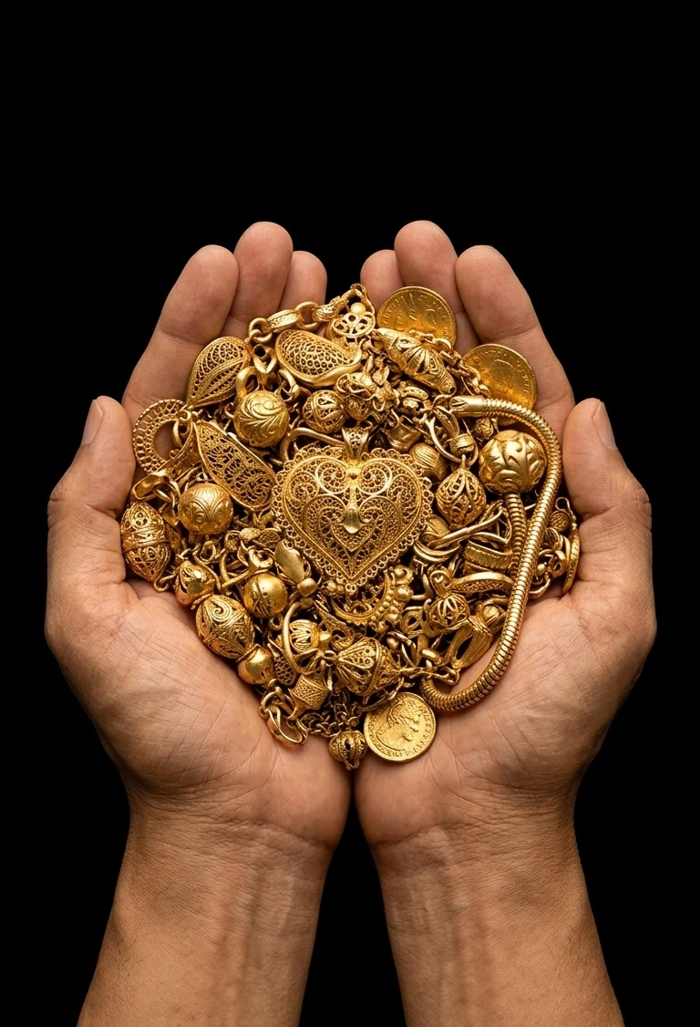 Hands holding gold jewelry